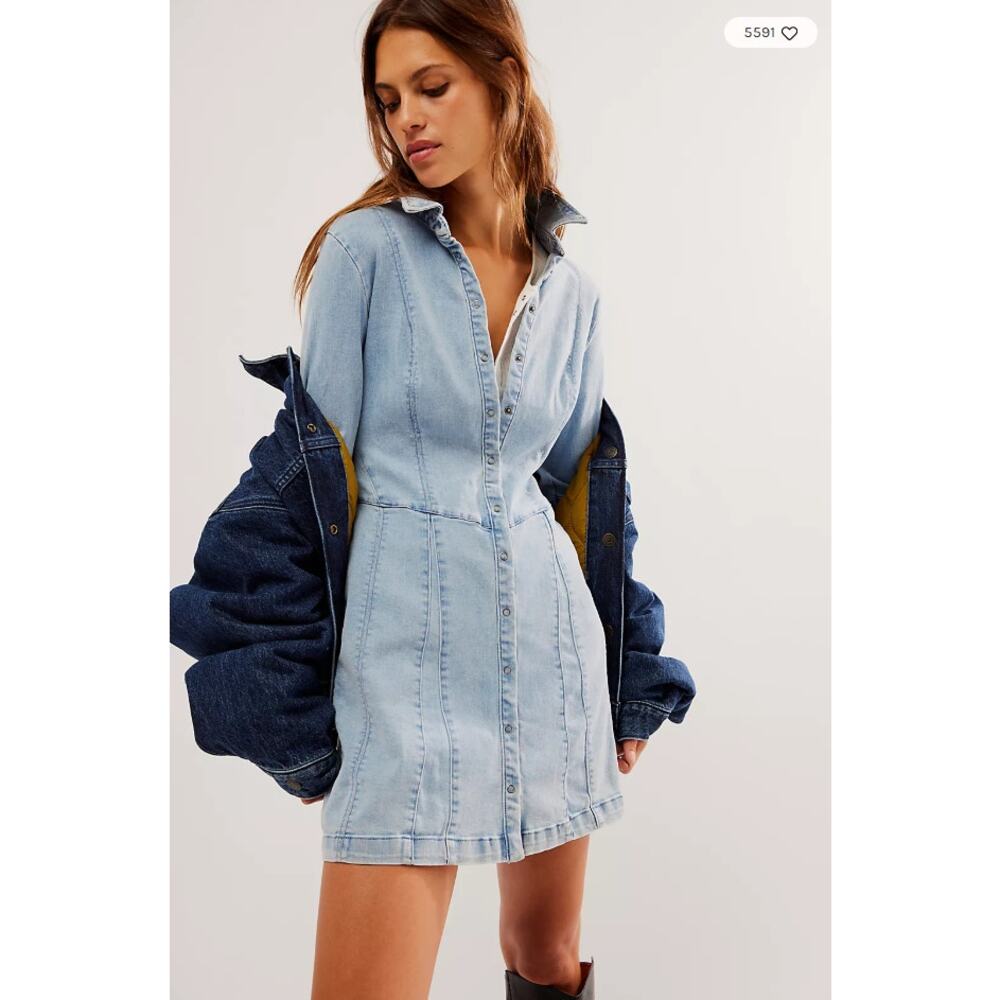 Free People THEA Denim Mini Duster Dress in Blue Light Wash XS NWOT $148